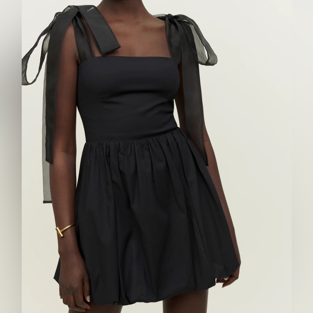 Black reformation enza dress ribbon tie shoulder